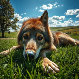 A wolf lying on a lush green meadow, its fur matted and its eyes wide open in a look of fear