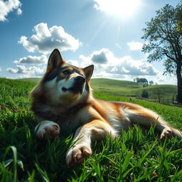 A wolf lying on a lush green meadow, its fur matted and its eyes wide open in a look of fear