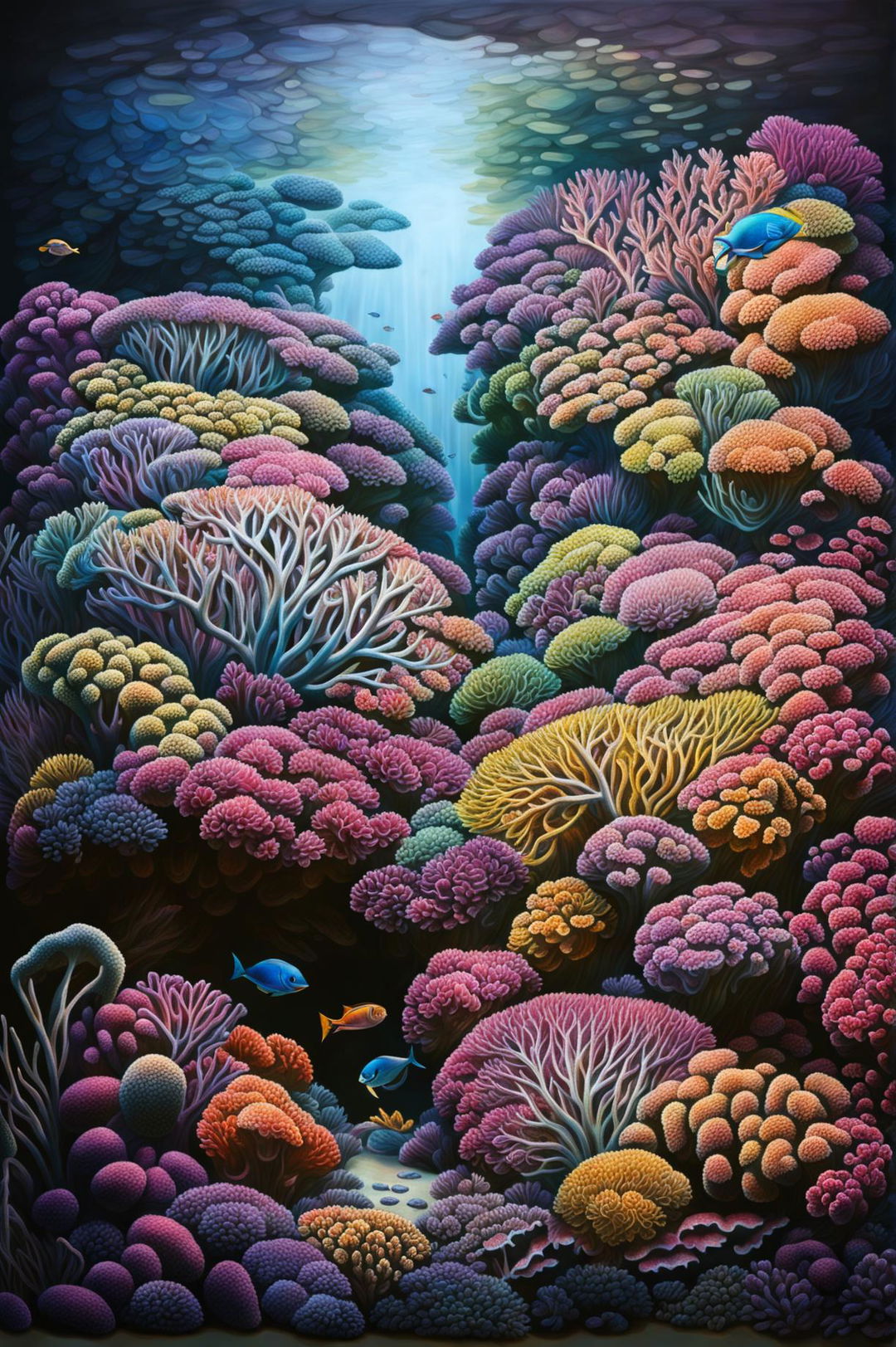 A vibrant and colorful chalk drawing of a coral reef, featuring a variety of corals, sea anemones, and sea creatures