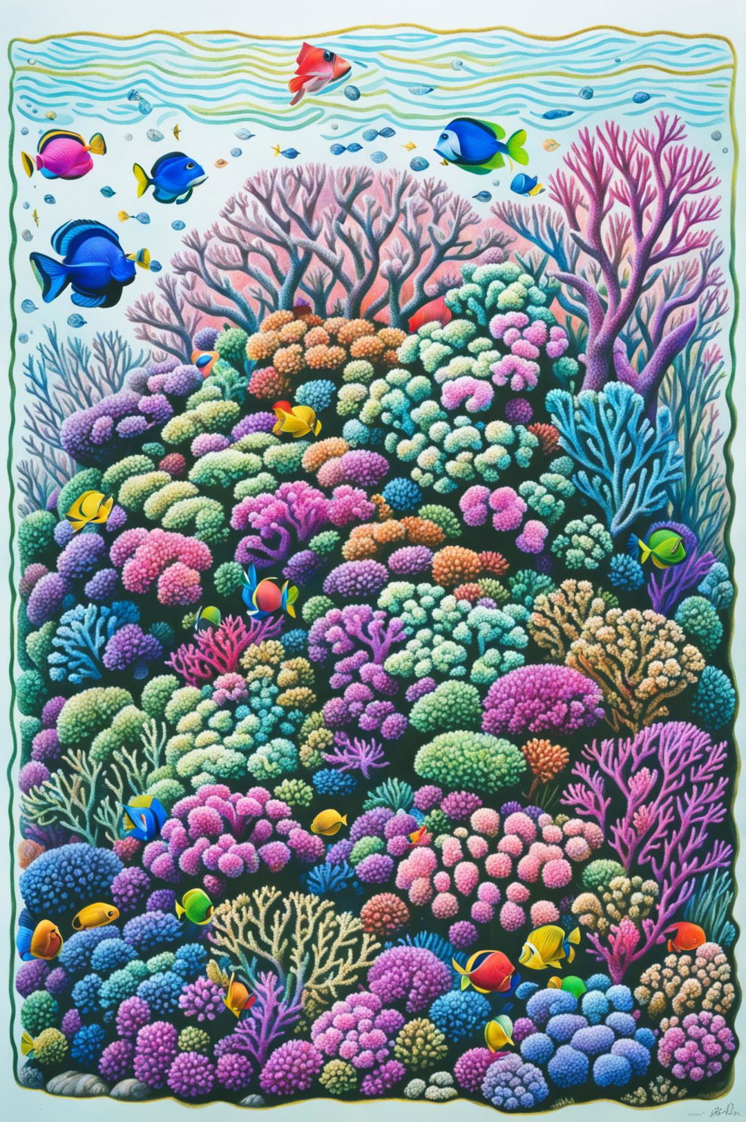 A delightful crayon drawing of a coral reef, filled with vibrant colors and a variety of sea life