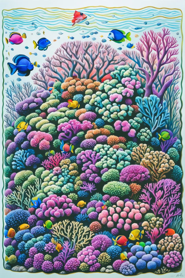 A delightful crayon drawing of a coral reef, filled with vibrant colors and a variety of sea life