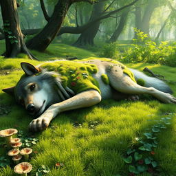 A 3D-rendered scene of a dead wolf lying in a vibrant, lush forest