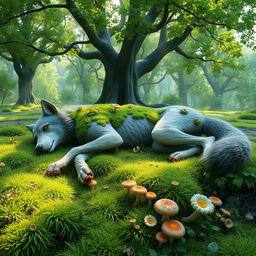 A 3D-rendered scene of a dead wolf lying in a vibrant, lush forest