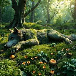 A 3D-rendered scene of a dead wolf lying in a vibrant, lush forest