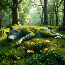 A 3D-rendered scene of a dead wolf lying in a vibrant, lush forest