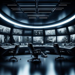 futuristic SWAT control room  with 5 chairs at console and 1 detached chair at separate screen  based on https://files.dreamhome.software/files/static/36651