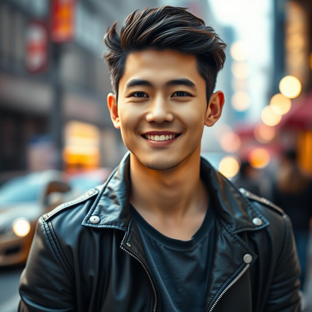 A portrait of a fashionable, young South Korean man with striking features, styled hair, and a charming smile, set against a trendy urban backdrop