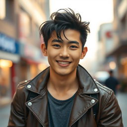 A portrait of a fashionable, young South Korean man with striking features, styled hair, and a charming smile, set against a trendy urban backdrop