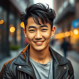 A portrait of a fashionable, young South Korean man with striking features, styled hair, and a charming smile, set against a trendy urban backdrop