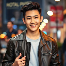 A portrait of a fashionable, young South Korean man with striking features, styled hair, and a charming smile, set against a trendy urban backdrop