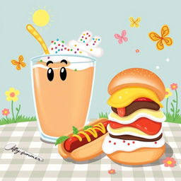 A whimsical and colorful illustration featuring a large, cartoonish coffee cup filled with ice coffee, decorated with vibrant whipped cream and colorful sprinkles