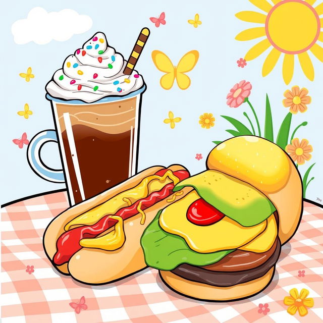 A whimsical and colorful illustration featuring a large, cartoonish coffee cup filled with ice coffee, decorated with vibrant whipped cream and colorful sprinkles