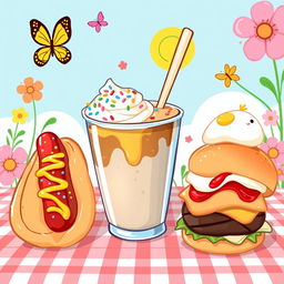 A whimsical and colorful illustration featuring a large, cartoonish coffee cup filled with ice coffee, decorated with vibrant whipped cream and colorful sprinkles