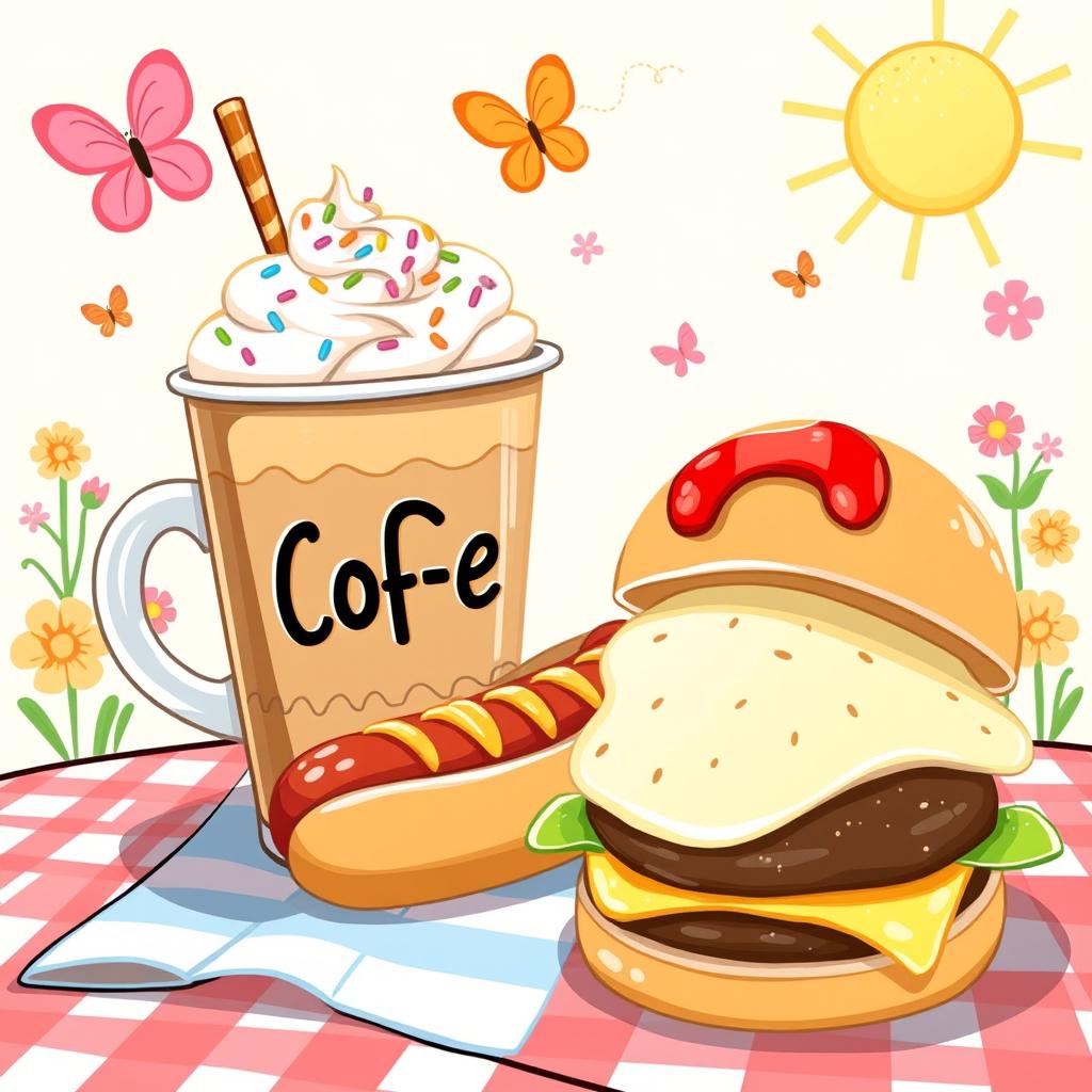 A whimsical and colorful illustration featuring a large, cartoonish coffee cup filled with ice coffee, decorated with vibrant whipped cream and colorful sprinkles