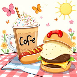 A whimsical and colorful illustration featuring a large, cartoonish coffee cup filled with ice coffee, decorated with vibrant whipped cream and colorful sprinkles