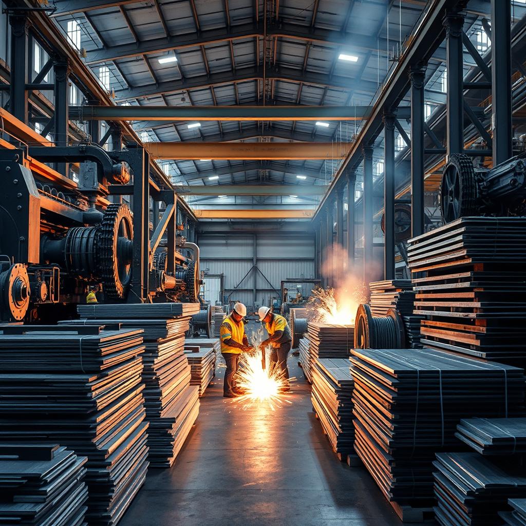 A vivid industrial scene showcasing a factory specializing in steel and aluminum production
