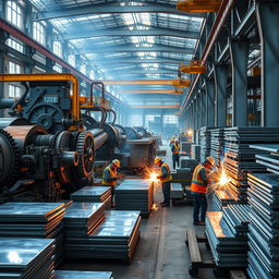 A vivid industrial scene showcasing a factory specializing in steel and aluminum production