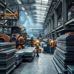 A vivid industrial scene showcasing a factory specializing in steel and aluminum production