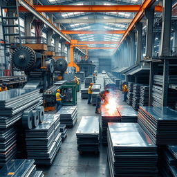 A vivid industrial scene showcasing a factory specializing in steel and aluminum production