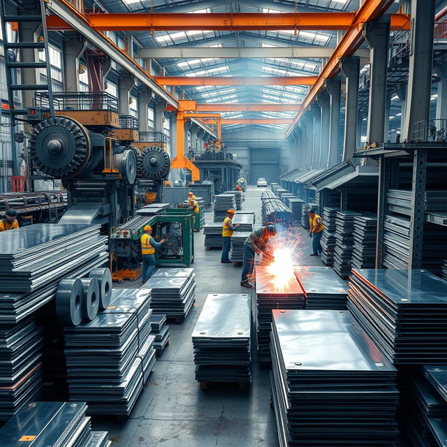 A vivid industrial scene showcasing a factory specializing in steel and aluminum production