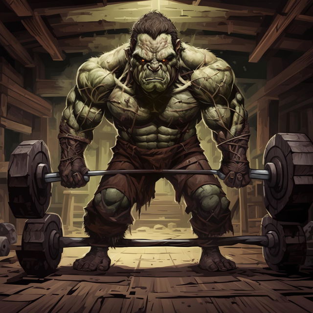 A high-quality digital art image depicting a muscular half-orc character in a rustic gym setting, intensely focused on deadlifting a heavy barbell