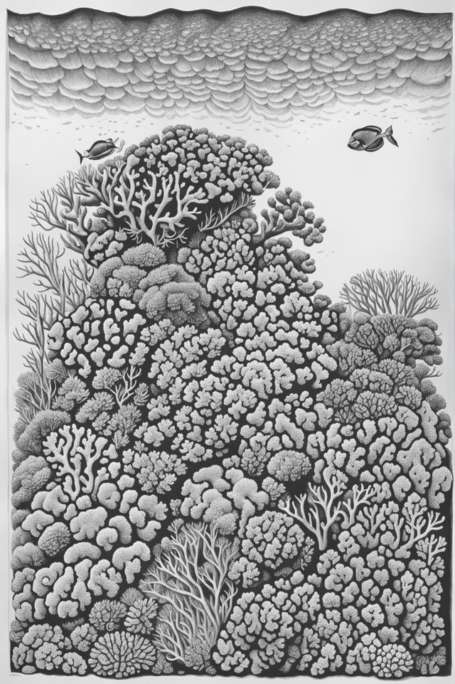 A detailed pen drawing of a coral reef, featuring a variety of marine life