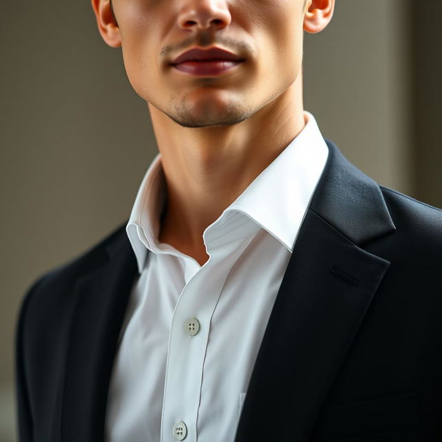 A close-up portrait of a stylish person wearing a clean, plain white shirt and a sleek black jacket