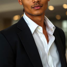 A close-up portrait of a stylish person wearing a clean, plain white shirt and a sleek black jacket