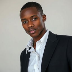 A close-up portrait of a stylish person wearing a clean, plain white shirt and a sleek black jacket