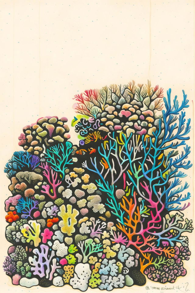 A simple, abstract crayon drawing of a coral reef, composed of basic shapes and vibrant colors