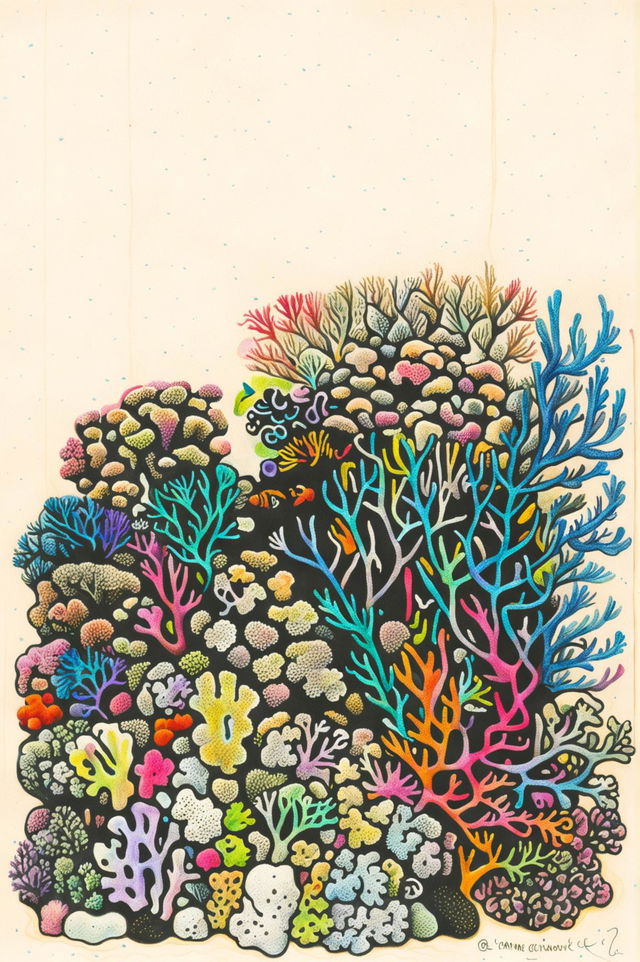 A simple, abstract crayon drawing of a coral reef, composed of basic shapes and vibrant colors