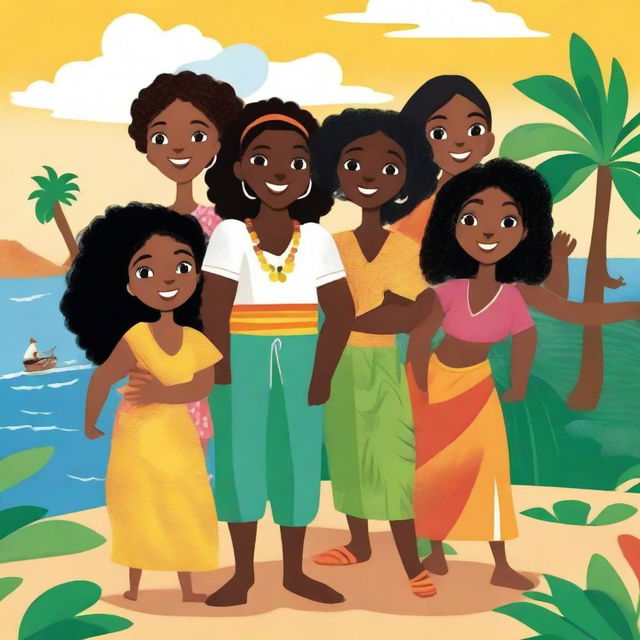 This is a vibrant, high-quality digital illustration of eight diverse Caribbean storybook characters from the narrative 'A Story of Hope, Passion, and Desire'