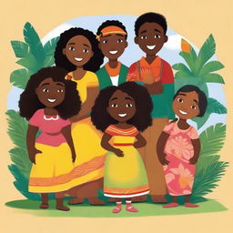 This is a vibrant, high-quality digital illustration of eight diverse Caribbean storybook characters from the narrative 'A Story of Hope, Passion, and Desire'