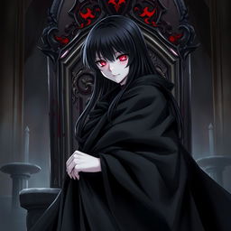 An enthralling light novel cover featuring a tall female character draped in an elegant black cloak that billows dramatically around her