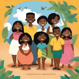 This is a vibrant, high-quality digital illustration of eight diverse Caribbean storybook characters from the narrative 'A Story of Hope, Passion, and Desire'