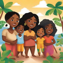 This is a vibrant, high-quality digital illustration of eight diverse Caribbean storybook characters from the narrative 'A Story of Hope, Passion, and Desire'