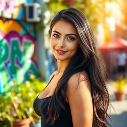 A stunning portrait of a confident young woman with long, flowing dark hair, standing in a vibrant urban environment