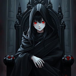 An enticing light novel cover featuring a tall female character enveloped in a flowing black cloak, her pale white skin shining in stark contrast
