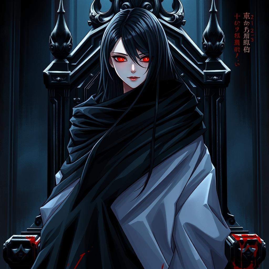 An enticing light novel cover featuring a tall female character enveloped in a flowing black cloak, her pale white skin shining in stark contrast