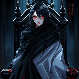 An enticing light novel cover featuring a tall female character enveloped in a flowing black cloak, her pale white skin shining in stark contrast