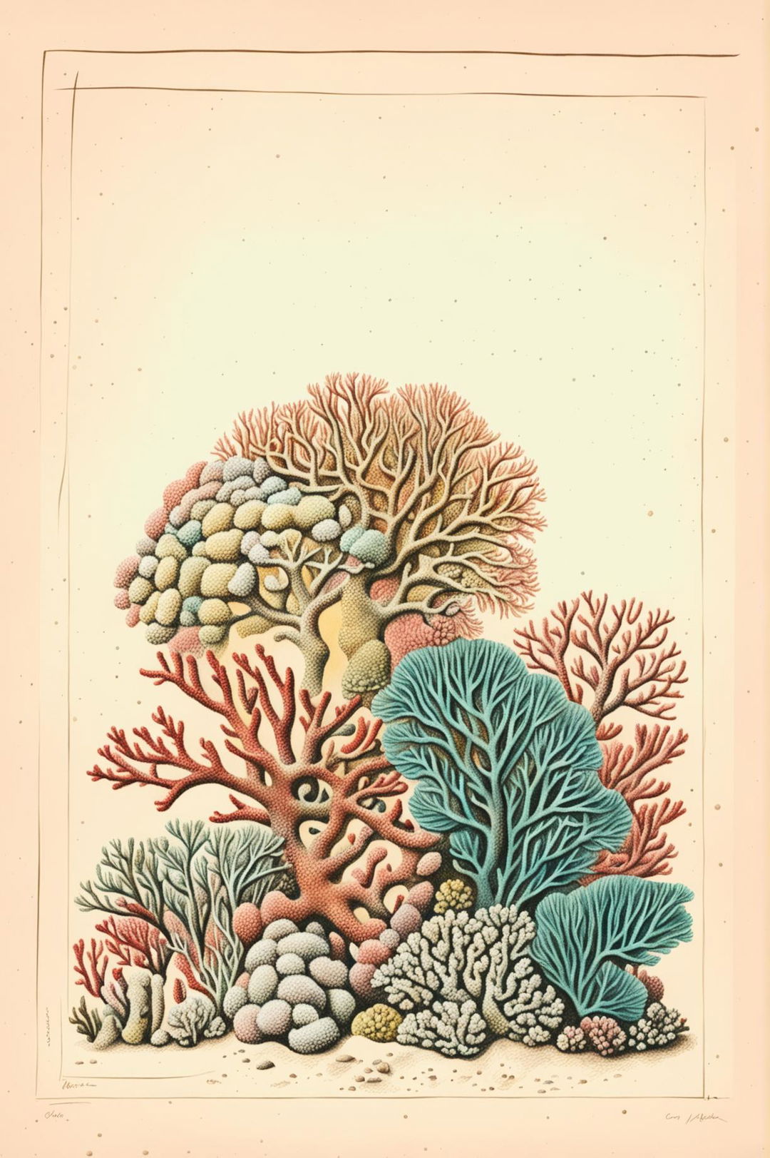 A simple, abstract crayon drawing of a coral reef with a vintage aesthetic