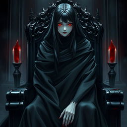 An enticing light novel cover featuring a tall female character enveloped in a flowing black cloak, her pale white skin shining in stark contrast