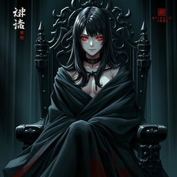 An enticing light novel cover featuring a tall female character enveloped in a flowing black cloak, her pale white skin shining in stark contrast