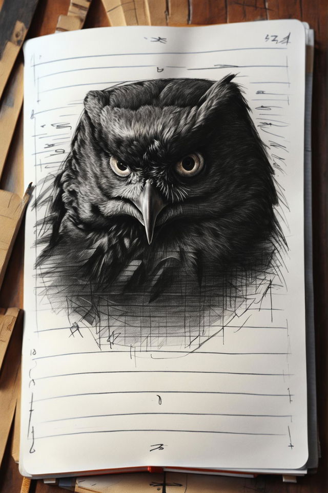 This is a high-quality image of a detailed pencil sketch of a crow, drawn on a lined pad