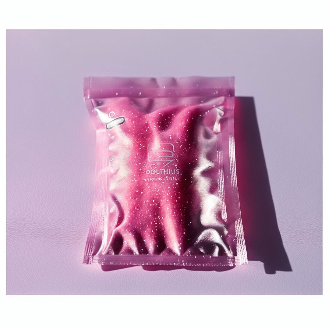 This image features a close-up view of a small, transparent plastic baggie filled with a vibrant, fruit-flavored crystallized pre-workout supplement