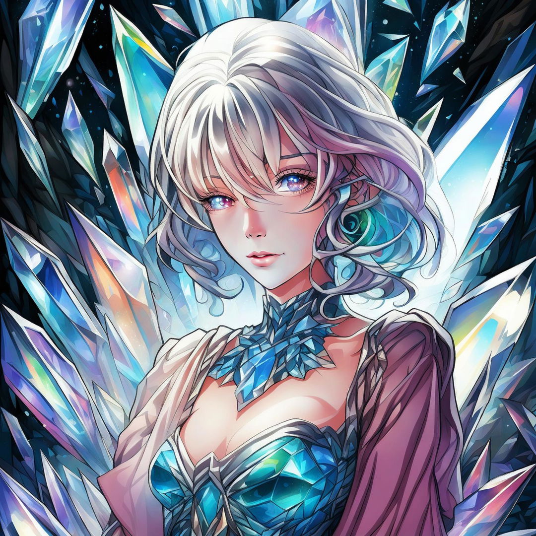 A high-quality digital art image featuring the character Crystel Meph in an ethereal crystal setting