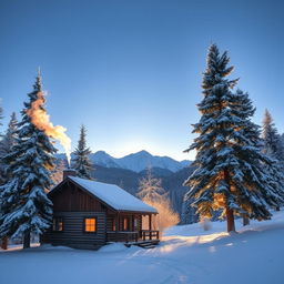 A picturesque winter landscape featuring a tranquil snowy scene