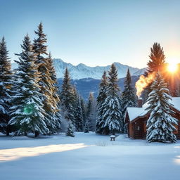 A picturesque winter landscape featuring a tranquil snowy scene