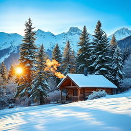 A picturesque winter landscape featuring a tranquil snowy scene