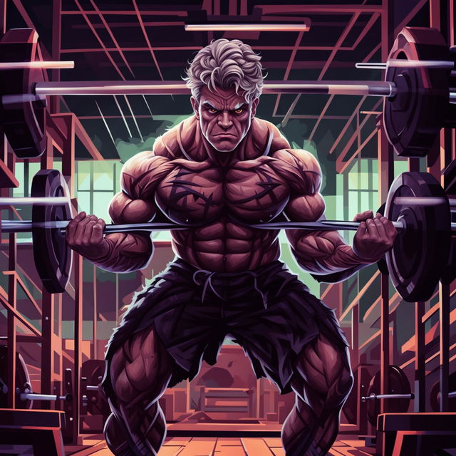 A high-quality digital art image depicting a muscular figure in a gym, ready to lift a massive barbell